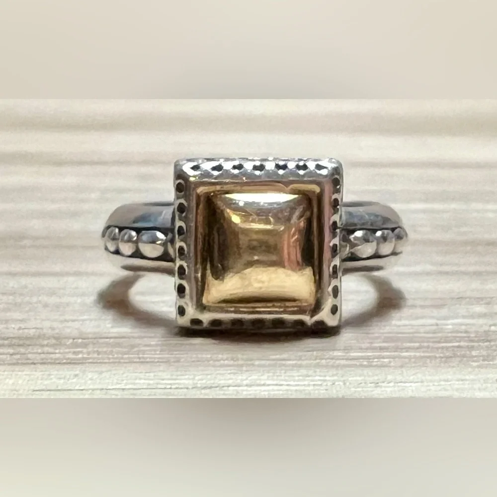 Vintage Carol Felley Sterling Silver & 14K Gold Square Band Ring, Size 5, 3.6g